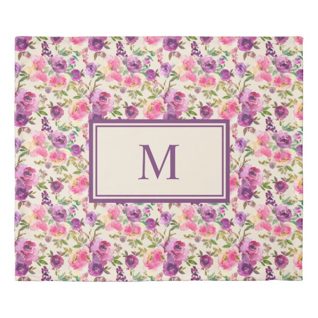 Monogram King Purple Pink Roses Floral Flowers  Duvet Cover (Front)