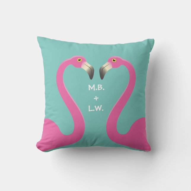 Monogram Kissing Flamingo Turquoise Outdoor Pillow (Front)