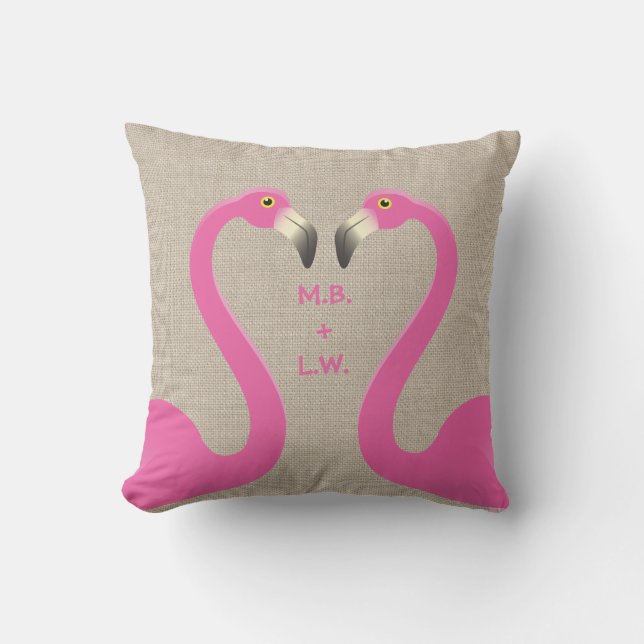 Monogram Kissing Flamingos Burlap Outdoor Pillow (Front)