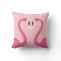 Monogram Kissing Flamingos Coral Outdoor Pillow
