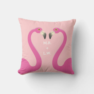 Monogram Kissing Flamingos Coral Outdoor Pillow