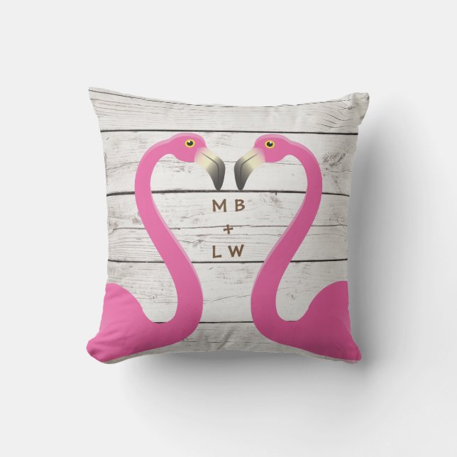 Monogram Kissing Flamingos Outdoor Pillow (Front)