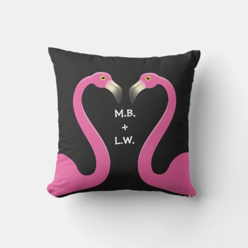 Monogram Kissing Flamingos Pink  Black Pillow