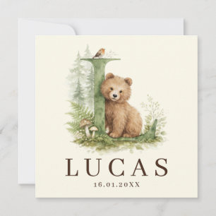 Monogram L Beer Neutral Woodland Creature Boy Birt Card