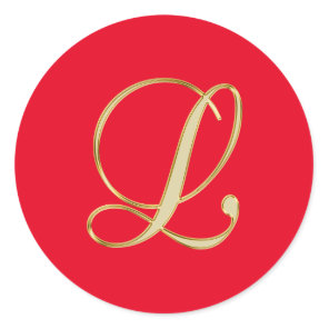 Monogram L gold script on bright red Classic Round Sticker