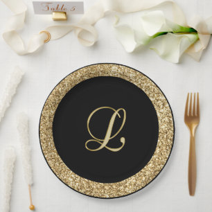 Monogram L gold script Paper Plates