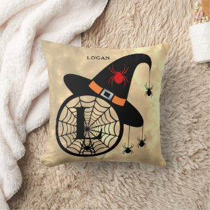 Monogram L Halloween Sky Witch Spiders Name Throw Pillow