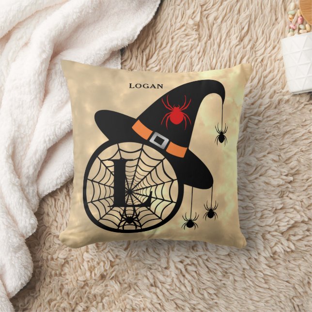 Monogram L Halloween Sky Witch Spiders Name Throw Pillow (Blanket)