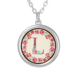 Monogram L Letter with Peony Flower Charm Silver Plated Necklace