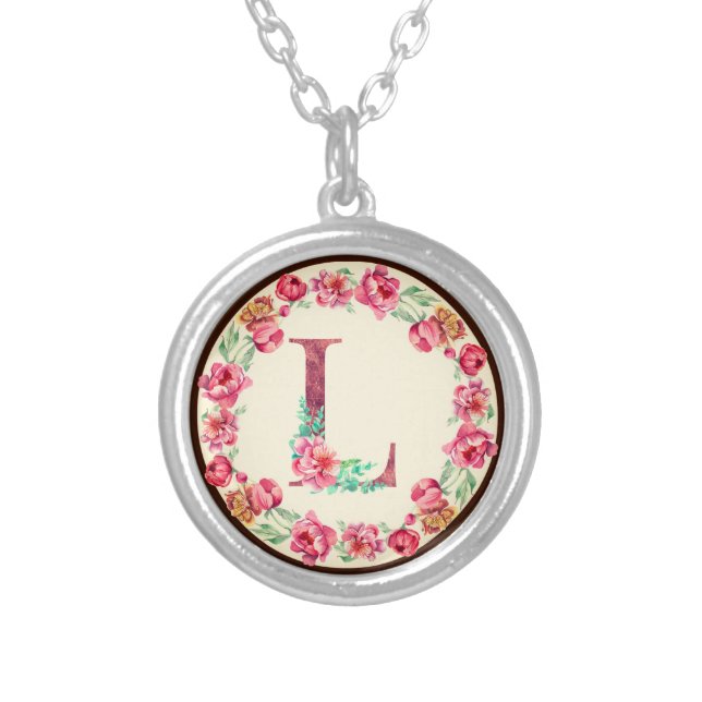 Monogram L Letter with Peony Flower Charm Silver Plated Necklace (Front)