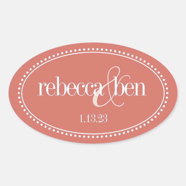 Monogram Label, Coral, Caroline Wedding Oval Sticker (Front)