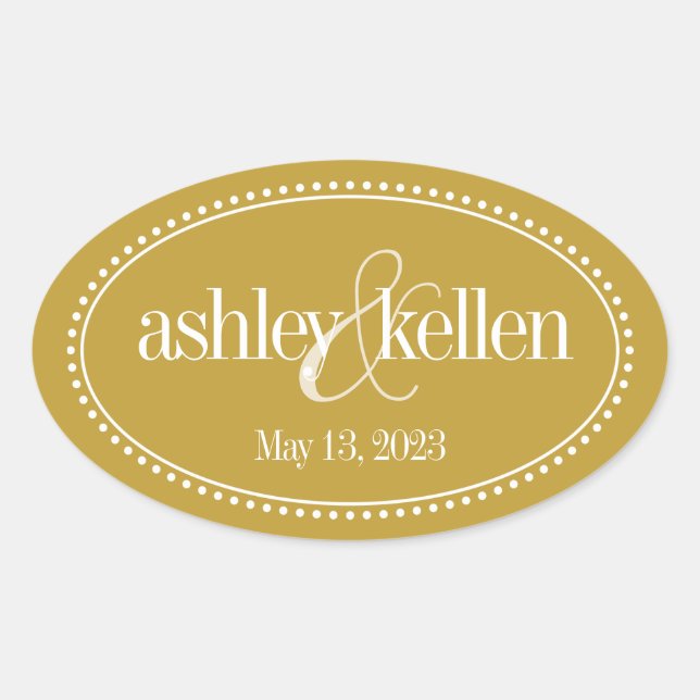 Monogram Label, Gold, Caroline Wedding Oval Sticker (Front)