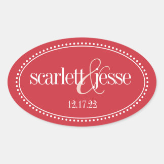 Monogram Label, Red, Caroline Wedding Oval Sticker