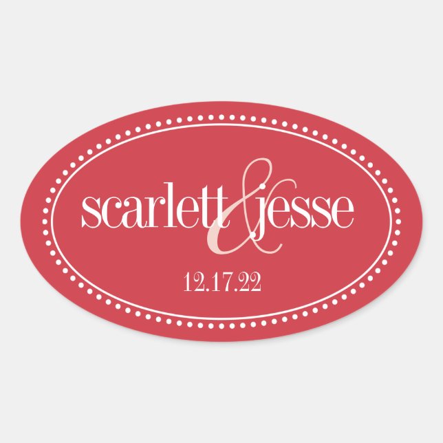 Monogram Label, Red, Caroline Wedding Oval Sticker (Front)
