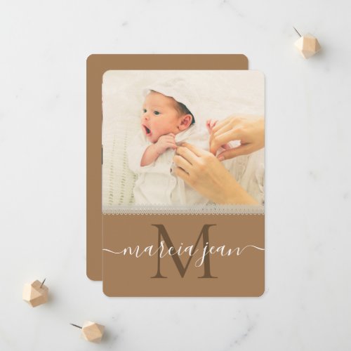 Monogram Lace Beige Photo Collage Newborn Girl  Announcement