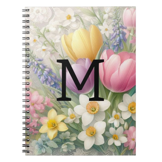 Monogram lace floral pastel pink tulips daffodils  notebook (Front)