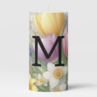 Monogram lace floral pastel pink tulips daffodils  pillar candle