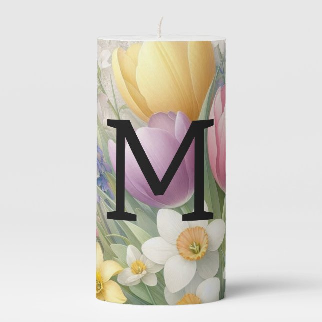 Monogram lace floral pastel pink tulips daffodils  pillar candle (Front)