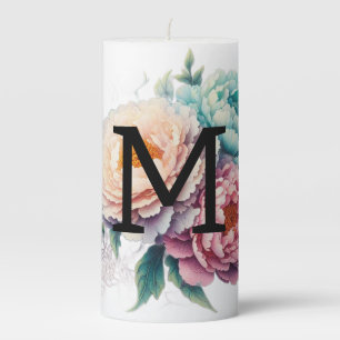 Monogram lace floral pink orange blue peonies  pillar candle