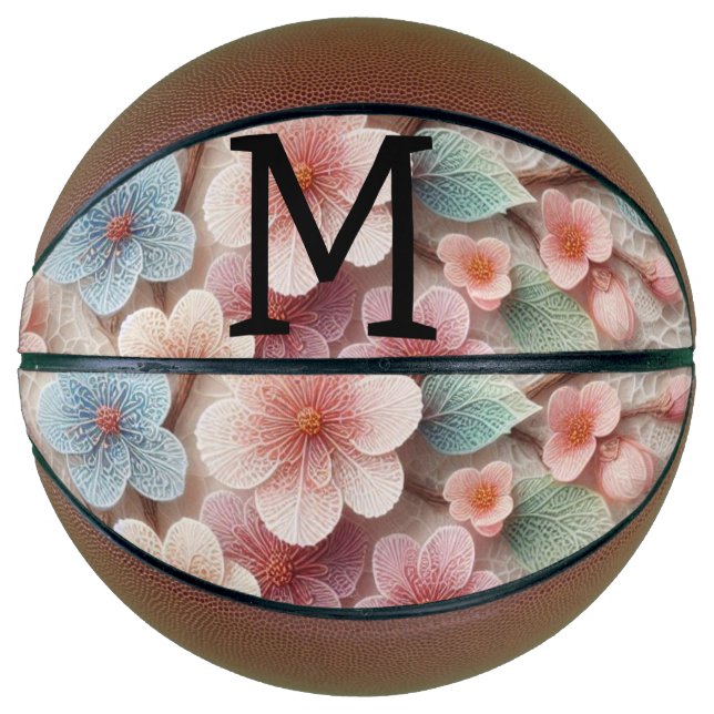 Monogram lace floral pink pastel cherry blossom  basketball (Front)