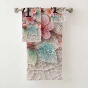 Monogram lace floral pink pastel cherry blossom  bath towel set