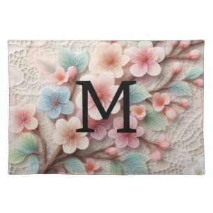 Monogram lace floral pink pastel cherry blossom  cloth placemat