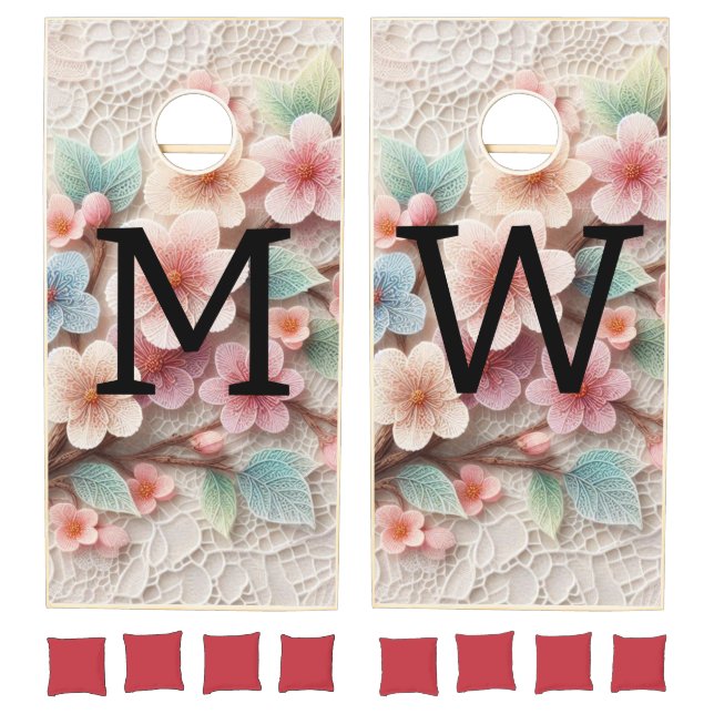 Monogram lace floral pink pastel cherry blossom  cornhole set (Set)