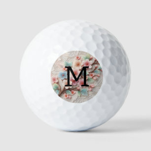 Monogram lace floral pink pastel cherry blossom golf balls