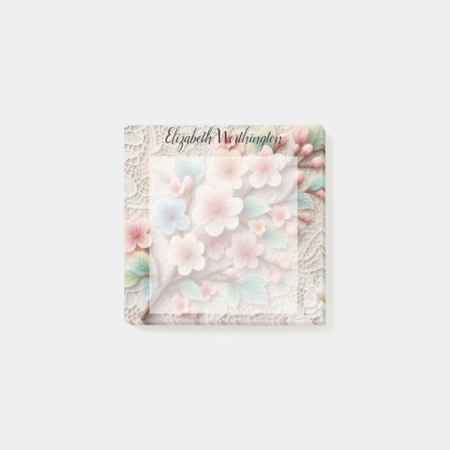 Monogram lace floral pink pastel cherry blossom  post-it notes (Front)