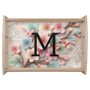 Monogram lace floral pink pastel cherry blossom serving tray