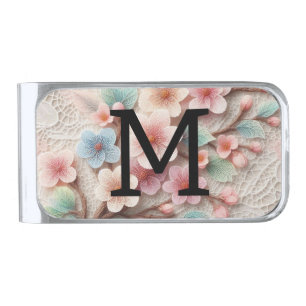 Monogram lace floral pink pastel cherry blossom silver finish money clip