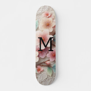 Monogram lace floral pink pastel cherry blossom skateboard
