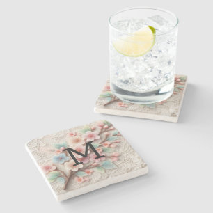 Monogram lace floral pink pastel cherry blossom stone coaster