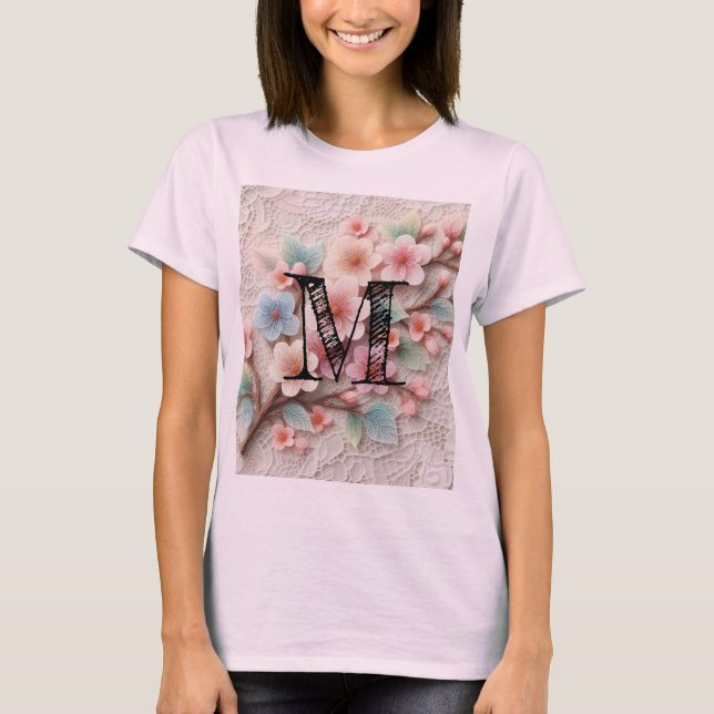 Monogram lace floral pink pastel cherry blossom  T-Shirt (Front)