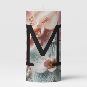Monogram lace floral pink pastel orchid flowers pillar candle