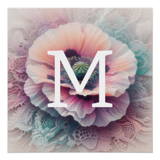 Monogram lace floral pink pastel poppy flowers poster