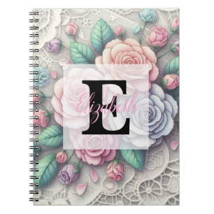 Monogram lace floral pink purple blue roses notebook