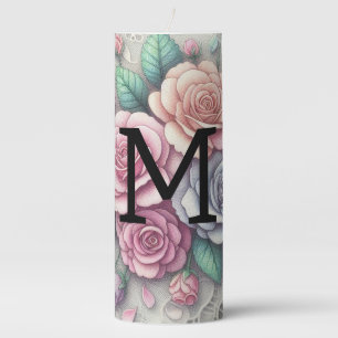 Monogram lace floral pink purple blue roses pillar candle
