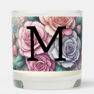Monogram lace floral pink purple blue roses scented candle