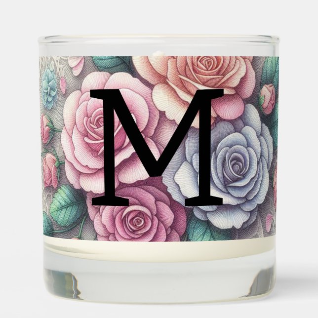 Monogram lace floral pink purple blue roses scented candle (Front)