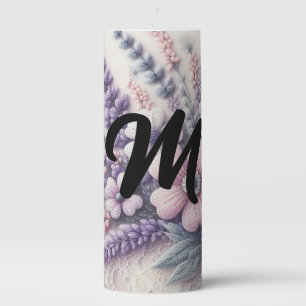 Monogram lace floral pink purple lavender pillar candle