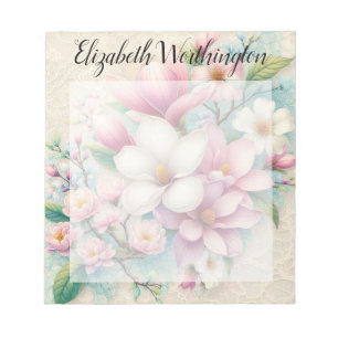 Monogram lace floral pink purple magnolia flower notepad