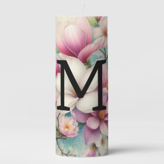 Monogram lace floral pink purple magnolia flower pillar candle
