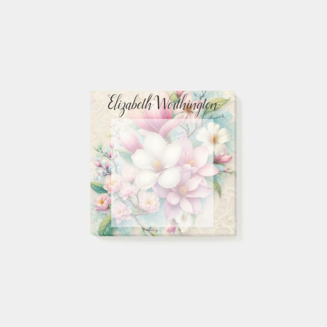 Monogram lace floral pink purple magnolia flower post-it notes (Front)