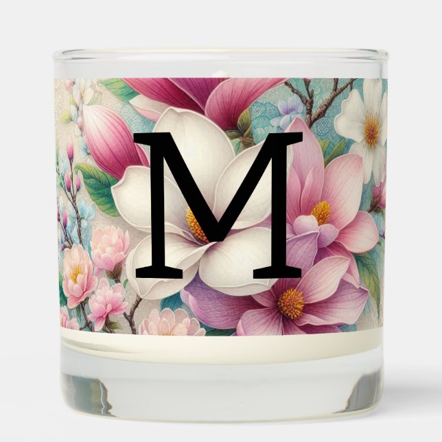 Monogram lace floral pink purple magnolia flower scented candle (Front)