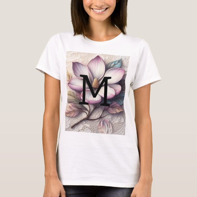 Monogram lace floral pink purple magnolia flower T-Shirt (Front)