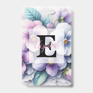 Monogram lace floral pink purple pansies flowers badge