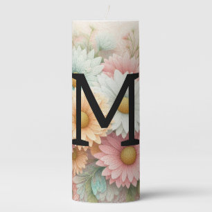 Monogram lace floral pink white blue daisies pillar candle