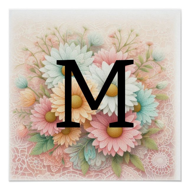 Monogram lace floral pink white blue daisies  poster (Front)