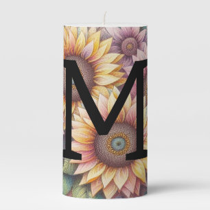 Monogram lace floral pink yellow orange sunflowers pillar candle